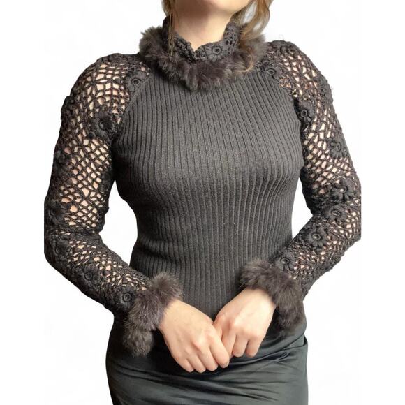 Vintage Y2K Dolce Cabo Floral Fur Trim Crochet Turtleneck Sweater Size M Mcbling - Picture 1 of 8